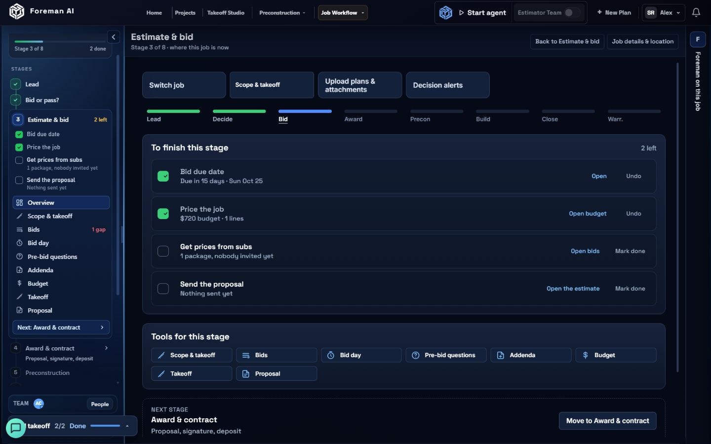 The actual desktop job overview with stages and the current checklist