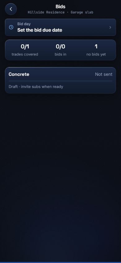 The native mobile Bids screen with a draft package