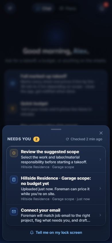The native phone Needs you panel with a scope review decision