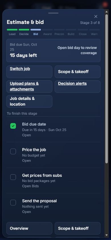 The native mobile stage sheet with the 8-stage track and Estimate and bid checklist