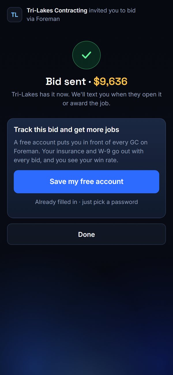 The bid sent screen