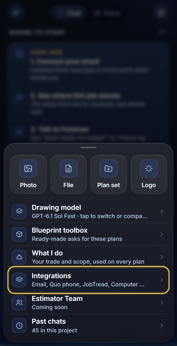 The + menu with Integrations highlighted