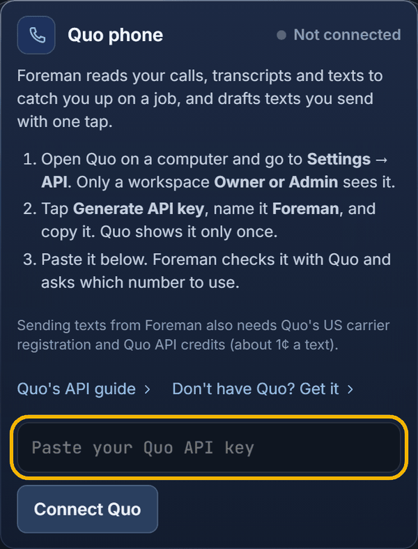 The Quo phone card with the API key box